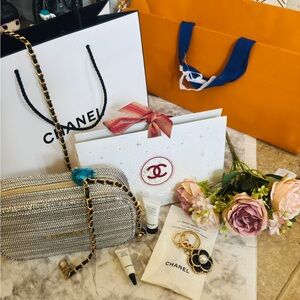 Chanel Beauty holiday Cosmetic Bag with sample cosmetics from Chanel